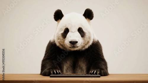 Panda Typing on Keyboard at Desk Humorous Scene