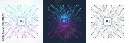 Modern handmade vector icon, sign, logo circuit line style in the Artificial intelligence concept. Set AI processor icon flat design. Motherboard digital chip AI.
