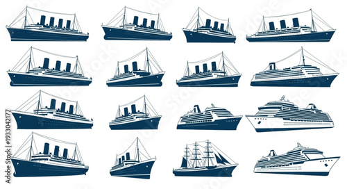 Collection of various boat illustrations showcasing different vessel types and designs in a maritime theme.