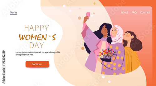 8 March womens day diverse women selfie flowers celebration modern flat design website banner pastel background