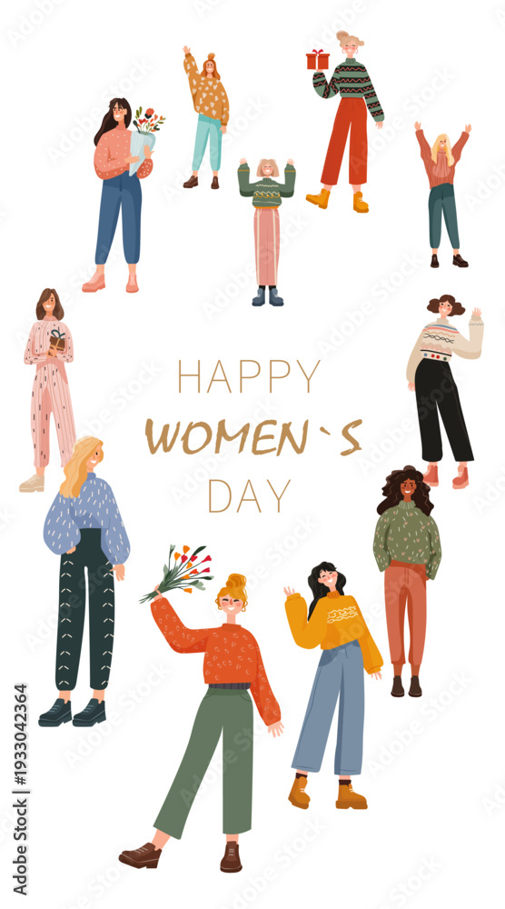 Obraz premium 8 March womens day holiday diverse women flowers gifts celebration group cheerful poses colorful outfits modern flat style white background