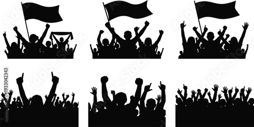 Crowd silhouettes cheering, raised hands, waving flags, protest rally, celebration scene, unity, vector illustration, black figures, white background, public gathering