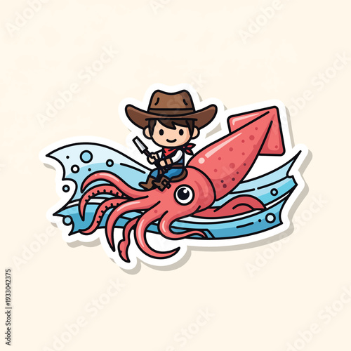 A cartoon cowboy, sporting a brown hat and red neckerchief, rides a giant, red squid. The squid swims through stylized water