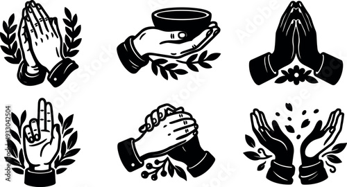 Tattoo flash six hand gesture icons showing praying holding bowl clasped hands open palms handshake laurel wreath bold black silhouette