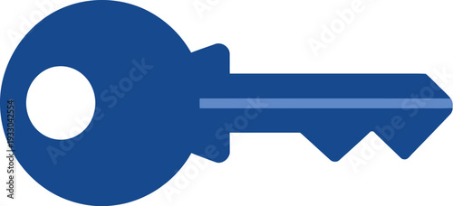 A blue key is positioned horizontally with its teeth pointing rightward on a clean white background.