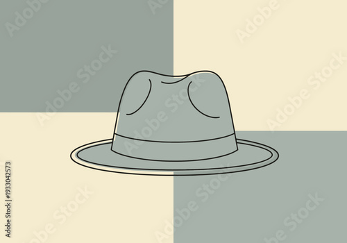 Minimalist flat grey fedora hat centered on a four pane color block background with clean lines and simple shapes representing classic mens headwear