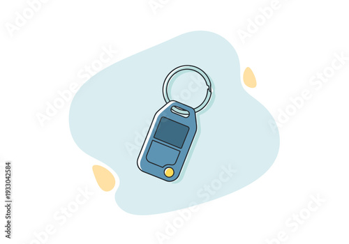 Electronic Key Fob With Metal Ring Attached Isolated On A Light Blue Organic Shape Background With Yellow Accents Minimalist Clean Design Element For