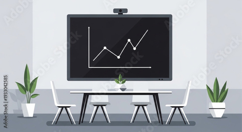 Modern conference room with a large screen displaying a business graph.