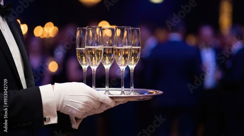 Waiter in White Glove Holding Tray of Champagne Glasses at Formal Gala Event