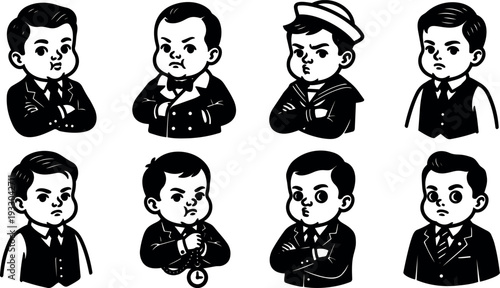 Tattoo flash collage of vintage boy characters in suits various poses close up vector icons with bold line art expression