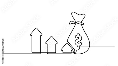 Continuous line design of money sacks and diagrams. Economic growth decline graph symbol. Decorative elements drawn on a white background. vector illustration