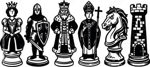 Line art close up medieval chess pieces king queen knight bishop rook pawn arranged in a row bold silhouette graphic