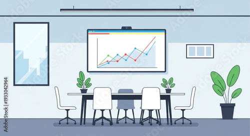 Modern conference room with a large screen displaying business data analysis.