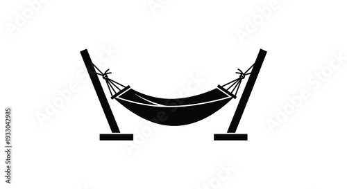 Simple black and white illustration of a hammock suspended between two wooden stands