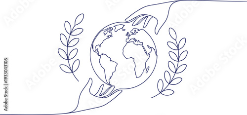 Minimalist single line art drawing of human hands holding earth globe with laurel branch symbols isolated on white background for peace and sustainability.