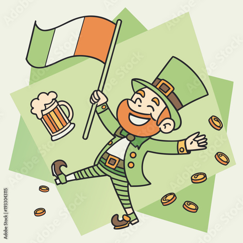 Happy leprechaun dancing and waving irish flag surrounded by coins and a pint of beer celebrating st patricks day