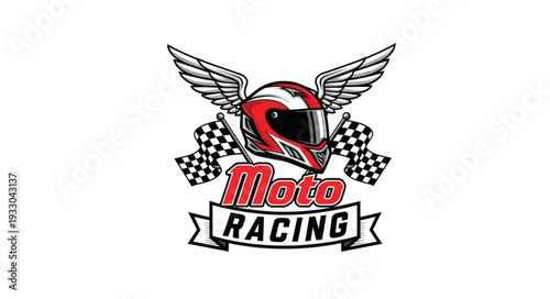 Motorcycle racing logo with helmet, wings, and checkered flags, dynamic design.
