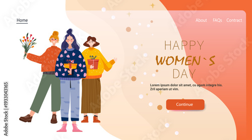 8 March womens day celebration three women gifts flowers festive background abstract shapes website landing page