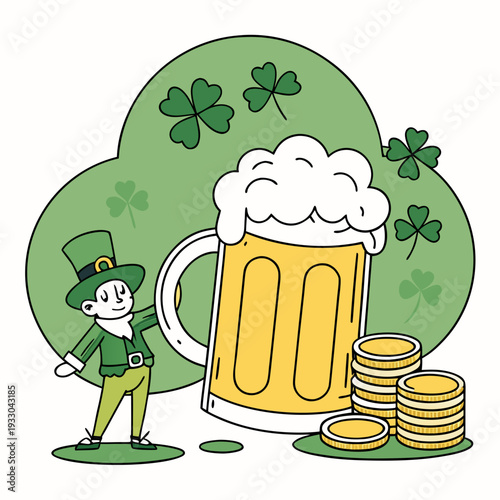 Cartoon leprechaun smiling beside large beer mug and gold coins surrounded by shamrocks for st patricks day celebrations