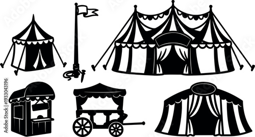 Flat design silhouette circus tents stall wagon flagpole and big top close up front view retro carnival festive black white