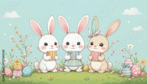 Three cute cartoon bunnies in a spring meadow celebrating Easter with colorful eggs and gifts.
