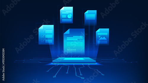 Technology background digital document upload, symbolizing secure file transfer, cloud storage, data backup, server systems, encrypted data protection, modern digital workflow management