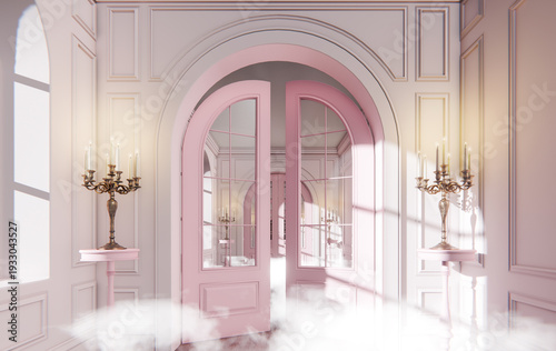 Surreal Dream Pink Baroque Hall with Clouds Heaven Fantasy Portal, 3D Render