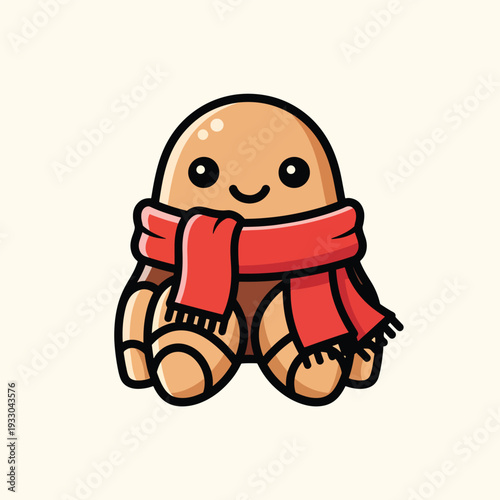 A cartoon character with an oval head, big eyes, and a happy smile wears a bright red scarf. The creature also has four limbs