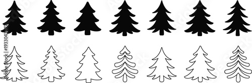 Christmas Tree Silhouette and Outline Icon Collection with Various Fir and Pine Shapes Isolated on White Background for Holiday, Winter and Festive Design