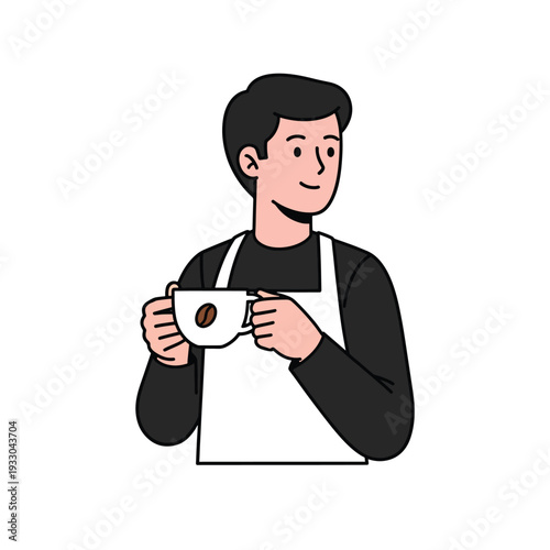 A cartoon barista holding a cup of coffee. He wears a black shirt, white apron, and has short black hair. A coffee bean adorns the cup
