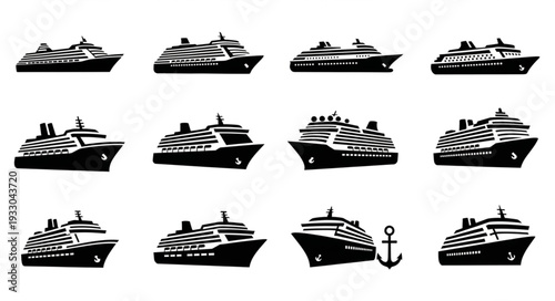 Collection of cruise ships in black and white, various designs and styles, travel and vacation concept.
