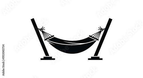 Simple black and white illustration of a hanging hammock between two wooden posts