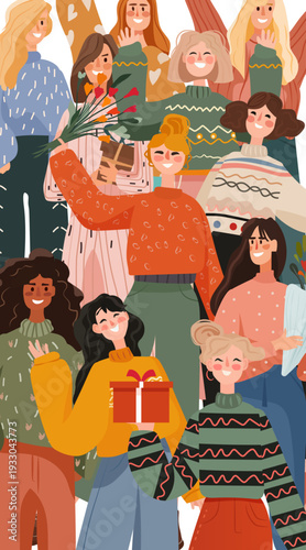 8 March womens day diverse women group celebration flowers gifts cheerful friends colorful outfits modern flat style