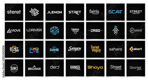 Collection of various brand logos in a grid layout on a black background.
