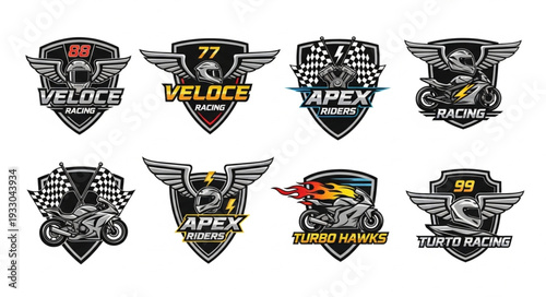 Collection of eight motorcycle racing team emblems with wings and checkered flags.