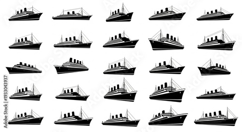 Collection of various detailed illustrations of different cruise ships sailing on the sea.