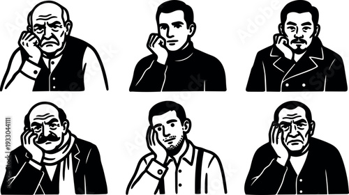 Line art vintage portrait set six pensive men resting head on hand close up inked monochrome vector three quarter view
