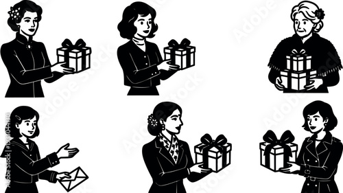 Retro cartoon women offering gift boxes in six positions with smiling faces side view black and white vector composition minimalist