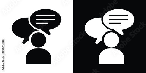 Minimalist vector icon of a person with a round thought bubble containing three dots. Represents thinking, processing, internal dialogue, and psychological reflection in a clean flat style.