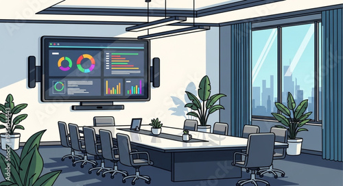 Modern conference room with large screen displaying data analysis.