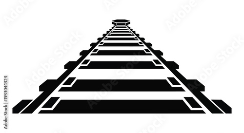 A stark black and white illustration of a mesoamerican step pyramid structure