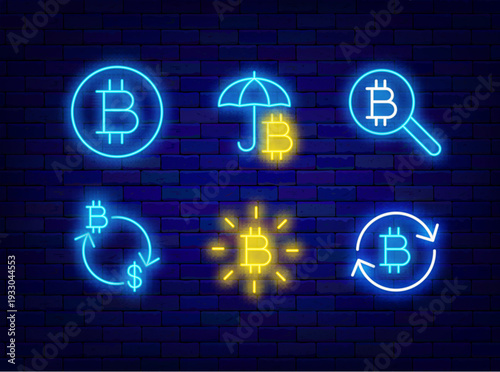 Bitcoin neon icons set. Blockchain technology. Crypto currency exchange. Umbrella, piggy bank.  Finance banking on brick wall. Editable stroke. Vector stock illustration
