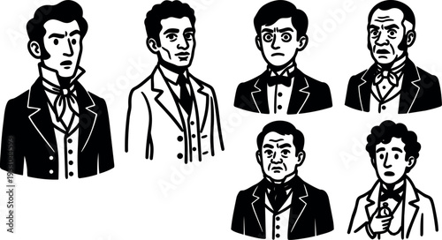 Line art close up victorian men bust portraits set in formal suits varied expressions pocket watch vintage illustration black white