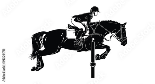 A black and white illustration depicting a horse and rider jumping an obstacle