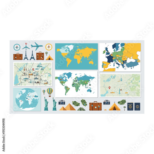 Global Travel Collage: Maps, Landmarks, and Transportation Icons