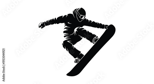 Silhouette of a snowboarder performing a trick in mid air against a white background