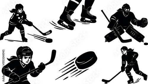 Flat design dynamic black silhouette female hockey players in action with flying puck close up ice rink motion energy intense