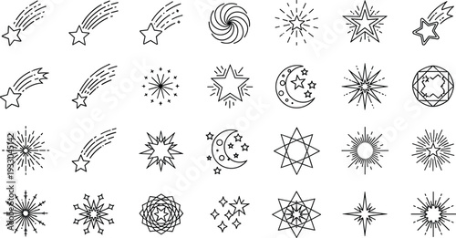 Celestial line icon set featuring stars, shooting stars, crescent moons, sunbursts, and geometric mystical symbols for esoteric design concepts.