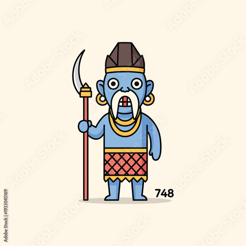 A blue cartoon figure with a spear and ornate headdress, a white mustache, earrings, and patterned cloth wrap. The number 748 appears