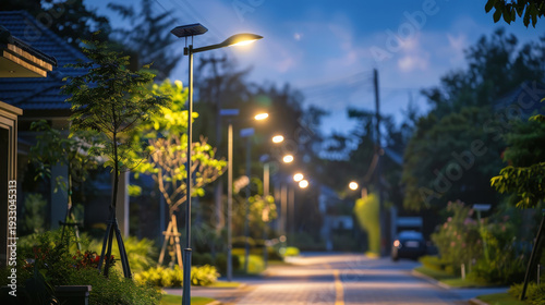 Solar powered streetlight evening glow quiet residential street dusk blue hour green trees warm lamp light peaceful neighborhood